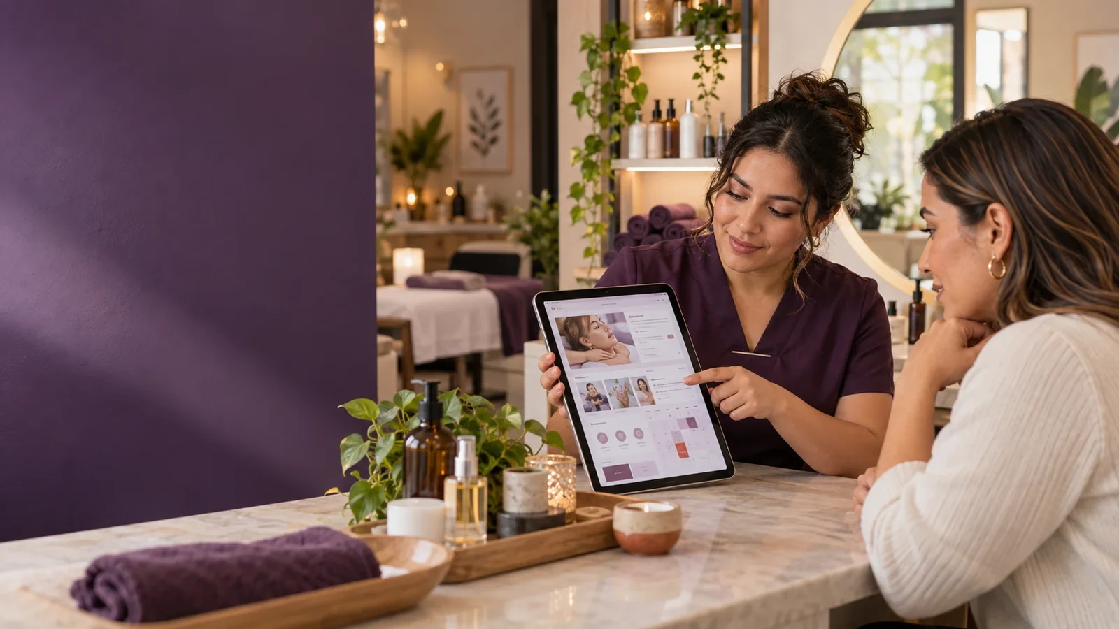 Especialista de spa mostrando el sitio web de reservaciones en una tablet a su clienta