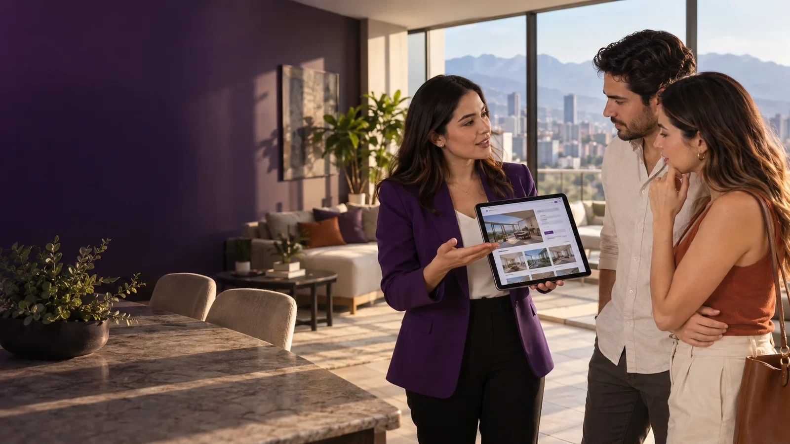 Agente inmobiliaria mostrando el sitio web de propiedades a una pareja de clientes