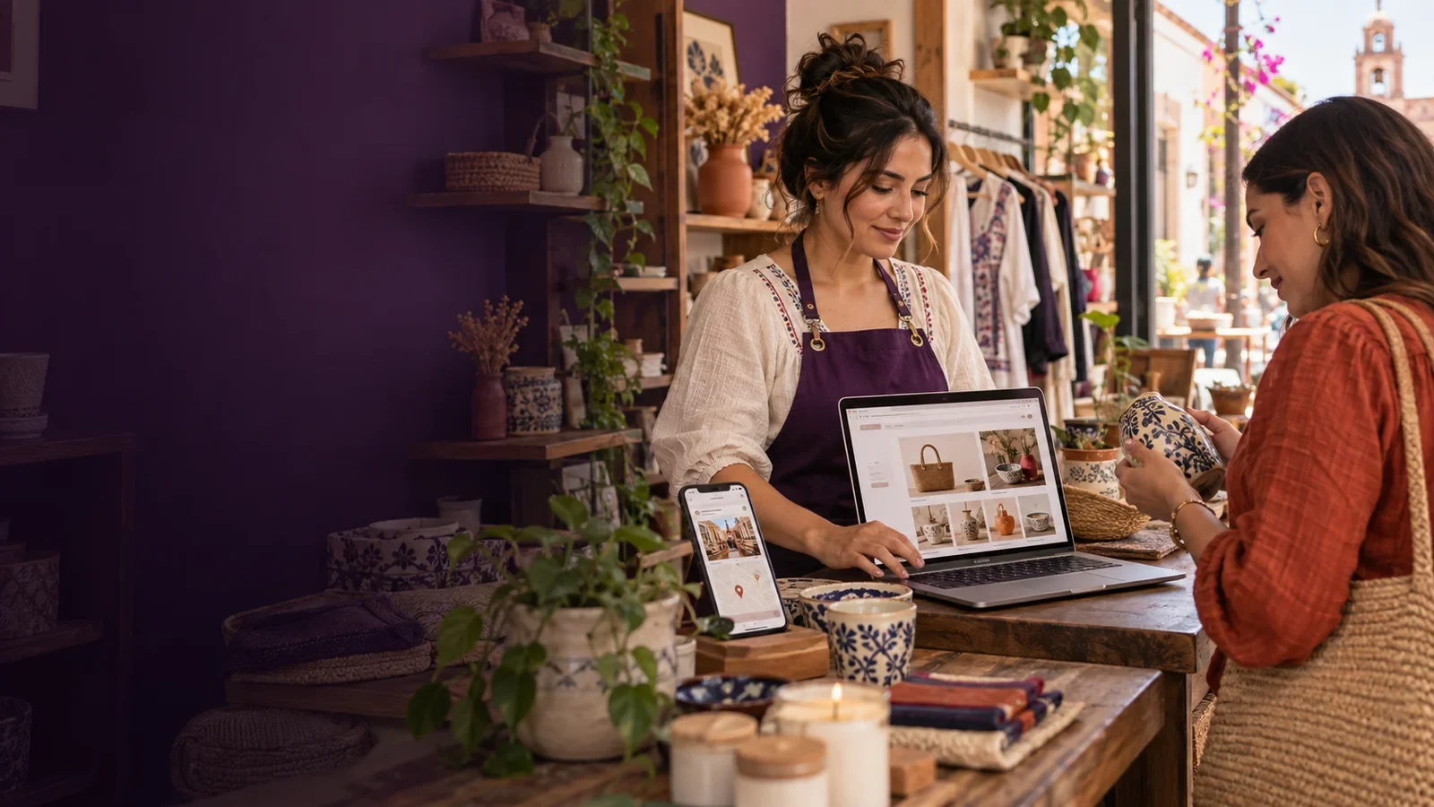 Dueñas de una tienda revisando su tienda en línea en laptop y celular