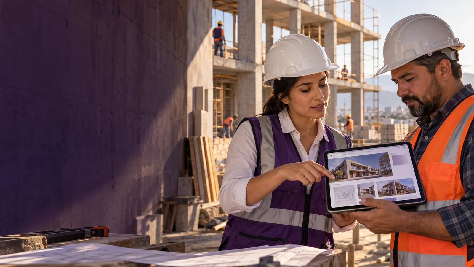 Ingenieros de construcción revisando el sitio web de su empresa en una tablet