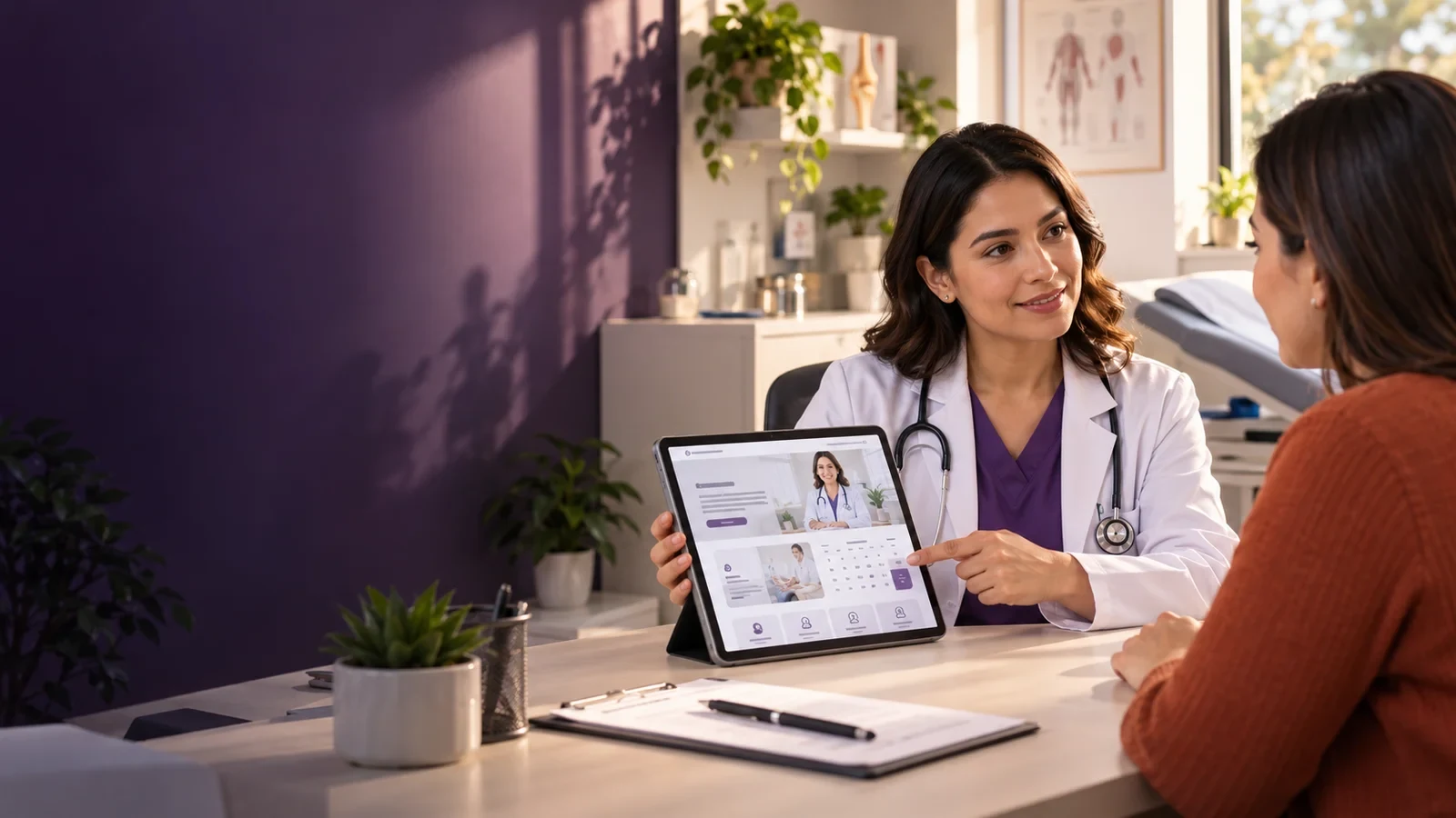 Doctor mostrando en una tablet el sitio web de su consultorio a su paciente