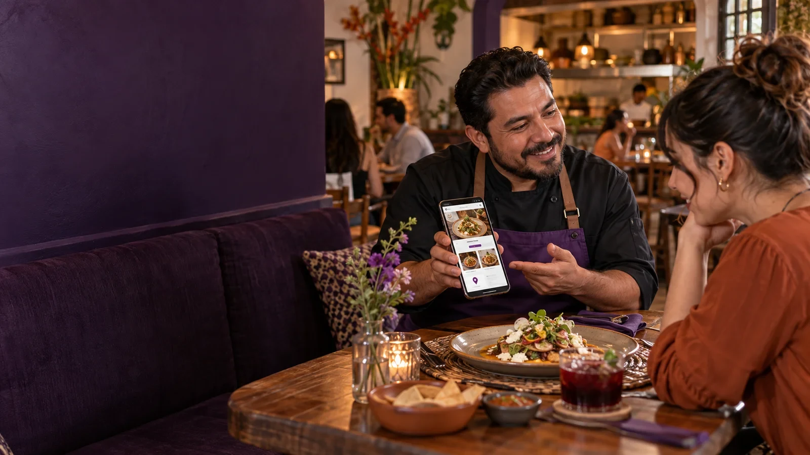 Chef de un restaurante mostrando el menú digital de su sitio web en un celular