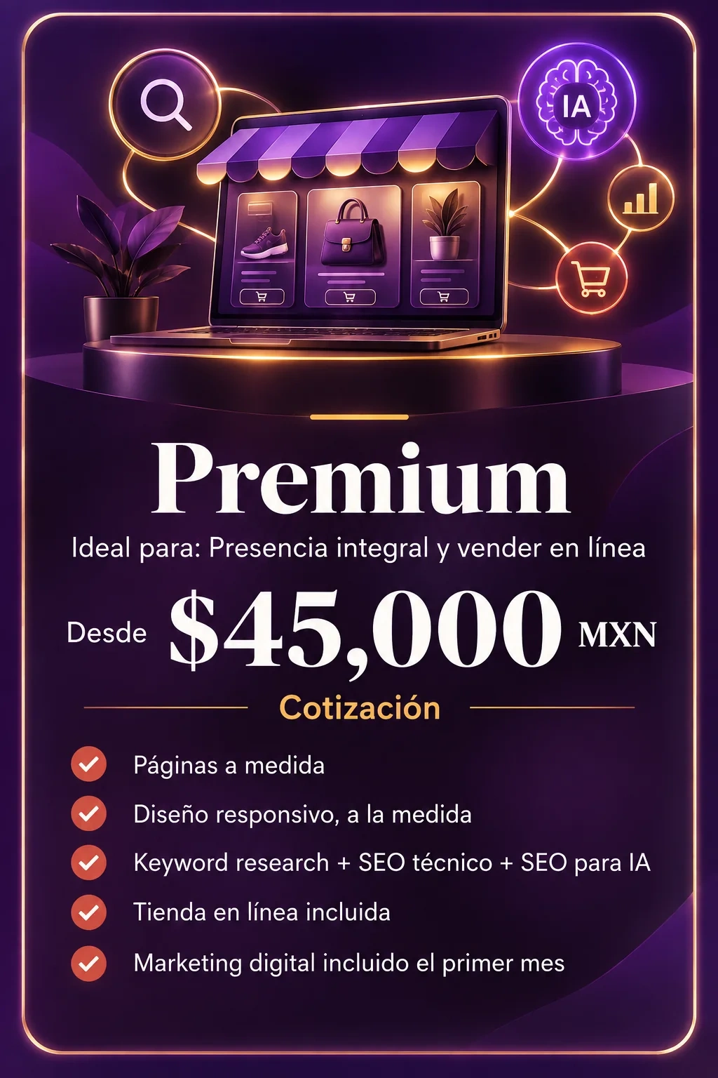Paquete premium con tienda en línea, SEO para IA y marketing digital en México